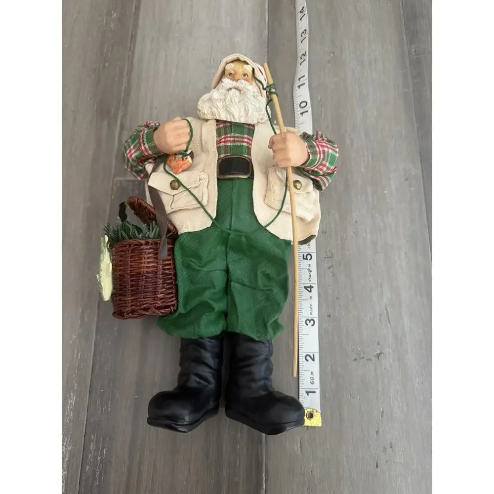 Vintage Fishing Christmas Santa Claus with Fishing Pole Figurine Fabric Mache